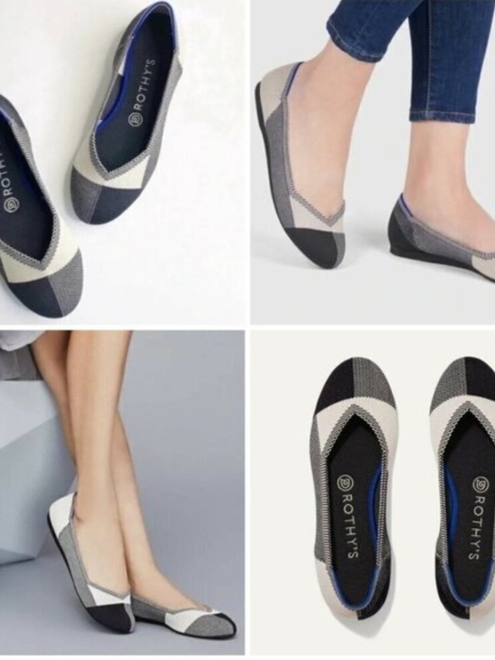 NWB Rothy's Pointed-Toe Knit Flats in Black, Gray & Cream CAPTOE BLACK 9.5